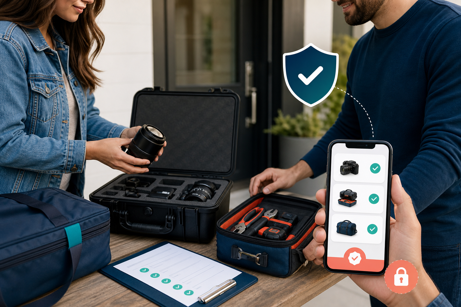 Owner and renter documenting item condition during a handoff
